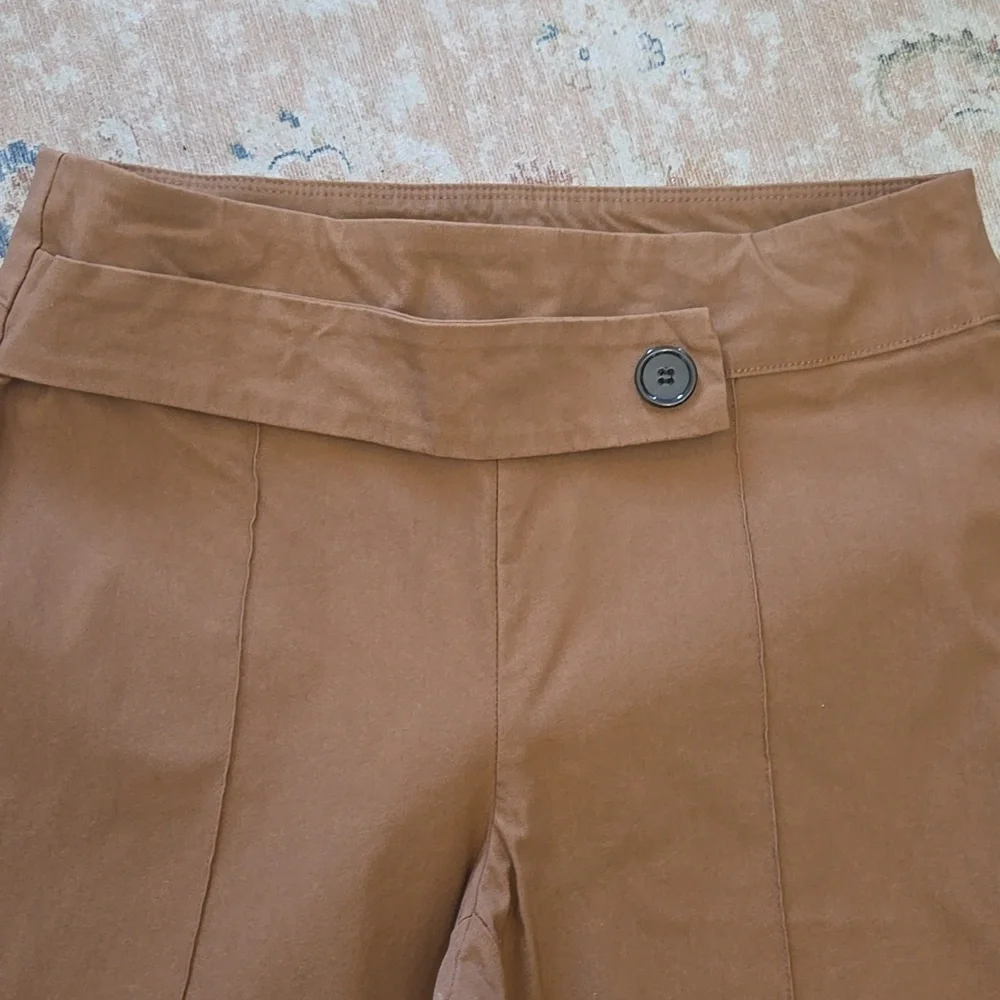 Joseph Ribkoff Tan Stretch PullOn Pant Button Trim Taper Leg Stitched Crease 12 - Picture 2 of 4
